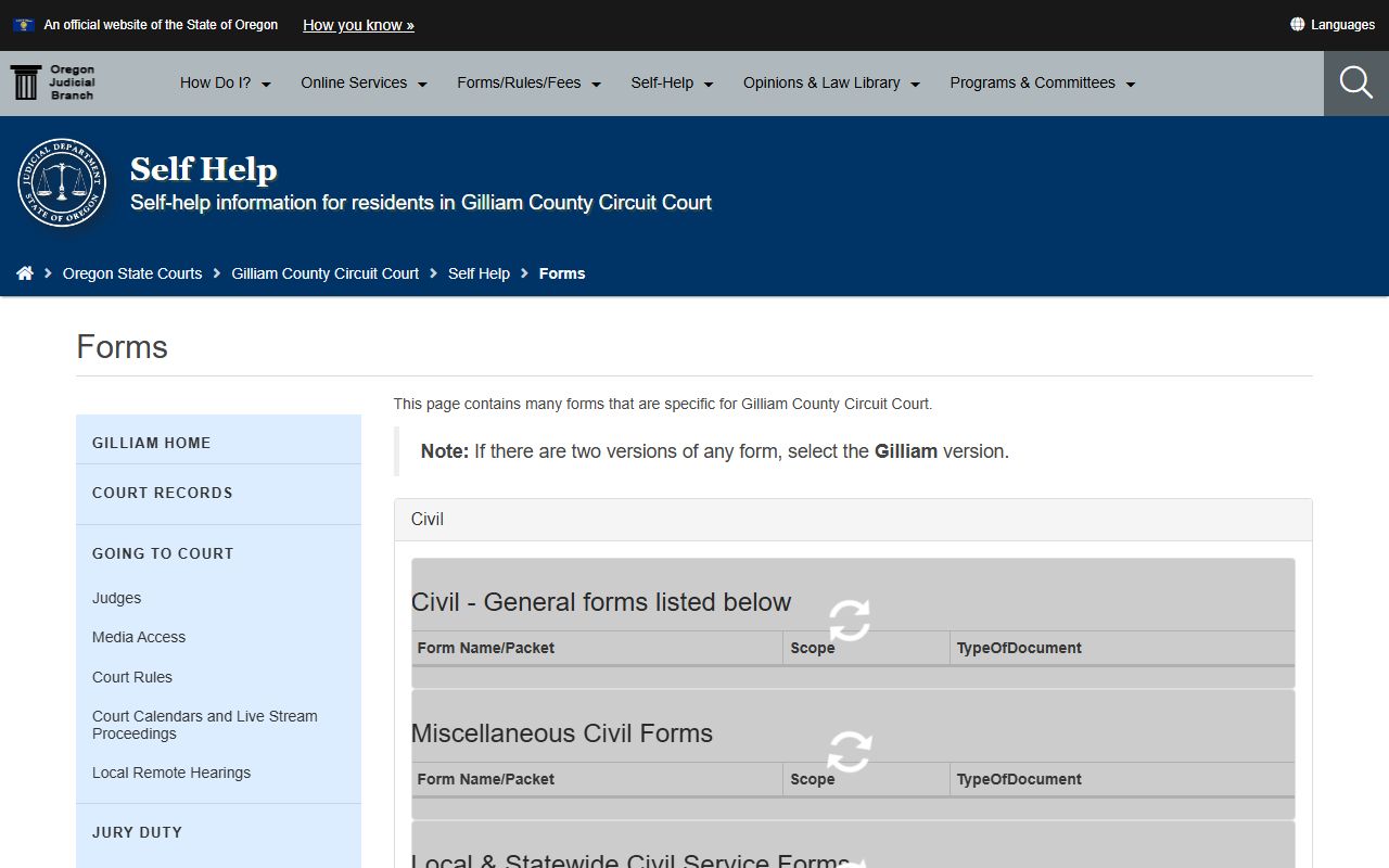 Gilliam County court records Circuit Court forms page
