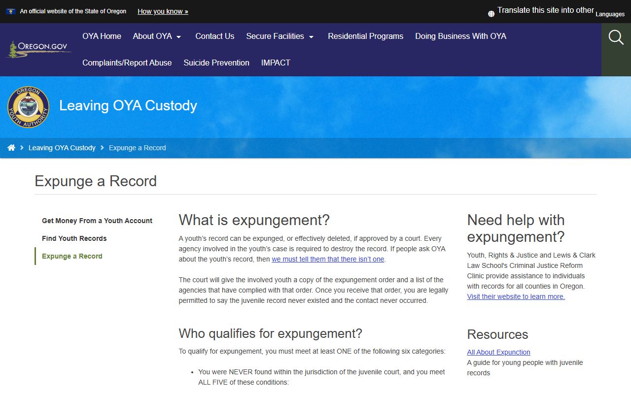 Oregon Youth Authority juvenile expungement information