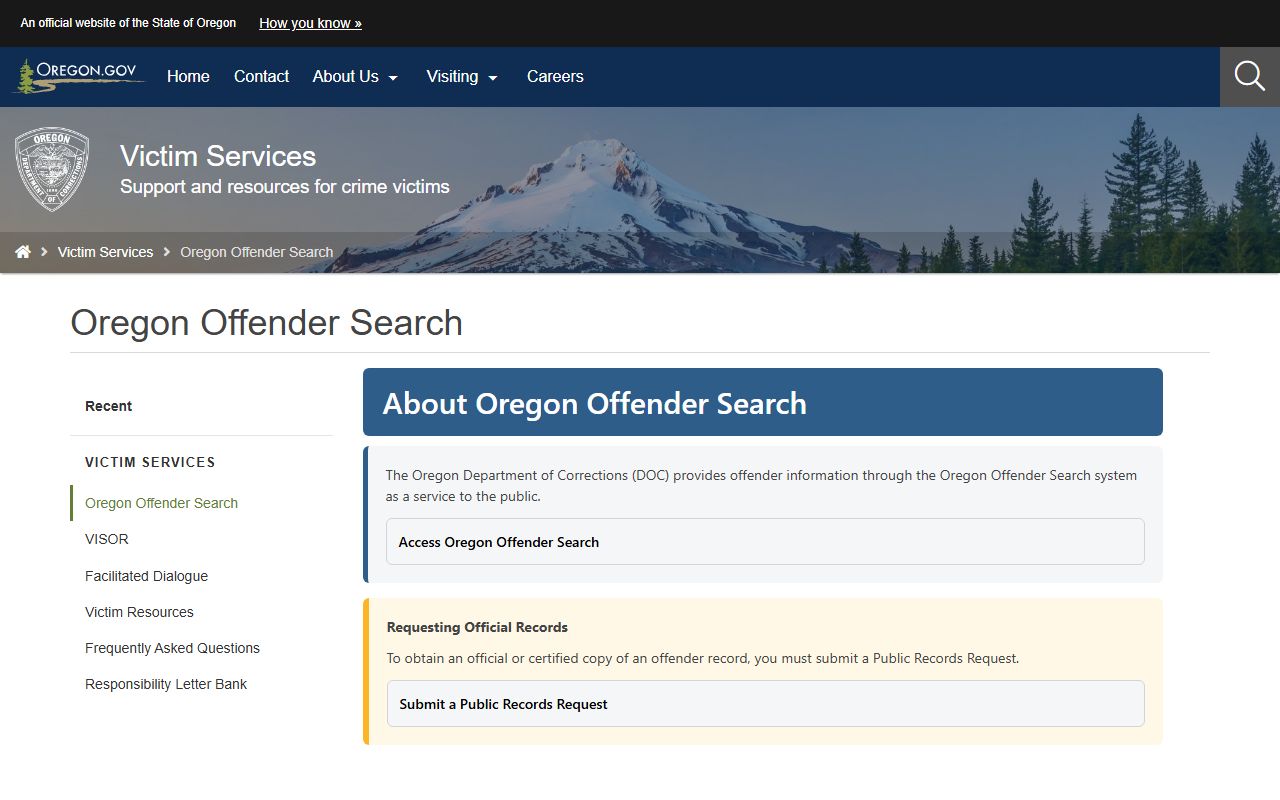 Oregon DOC guidance for offender-search records requests