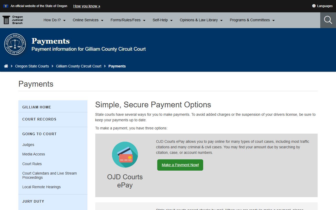Gilliam County traffic court records OJD ePay payment information